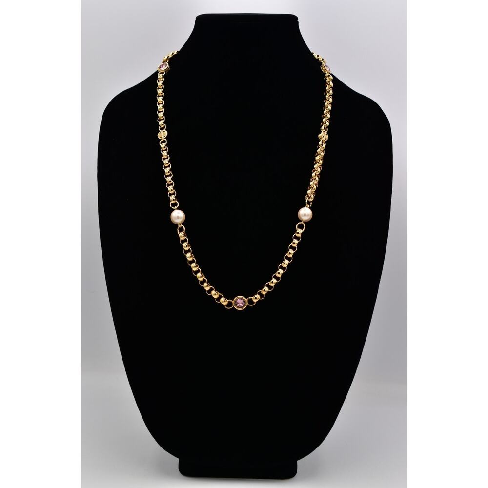 Givenchy Vintage Logo Chain Necklace Pearl Pink Crystal Gold Chunky Signed Bin1 - Picture 4 of 12